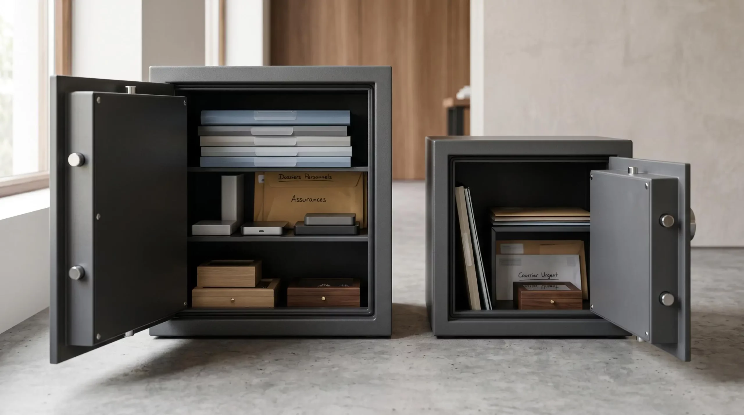 Deux coffres-forts ouverts de capacités différentes (20 et 40 litres) côte à côte sur surface en béton, intérieurs visibles contenant classeurs et objets de valeur illustrant la différence de volume utile