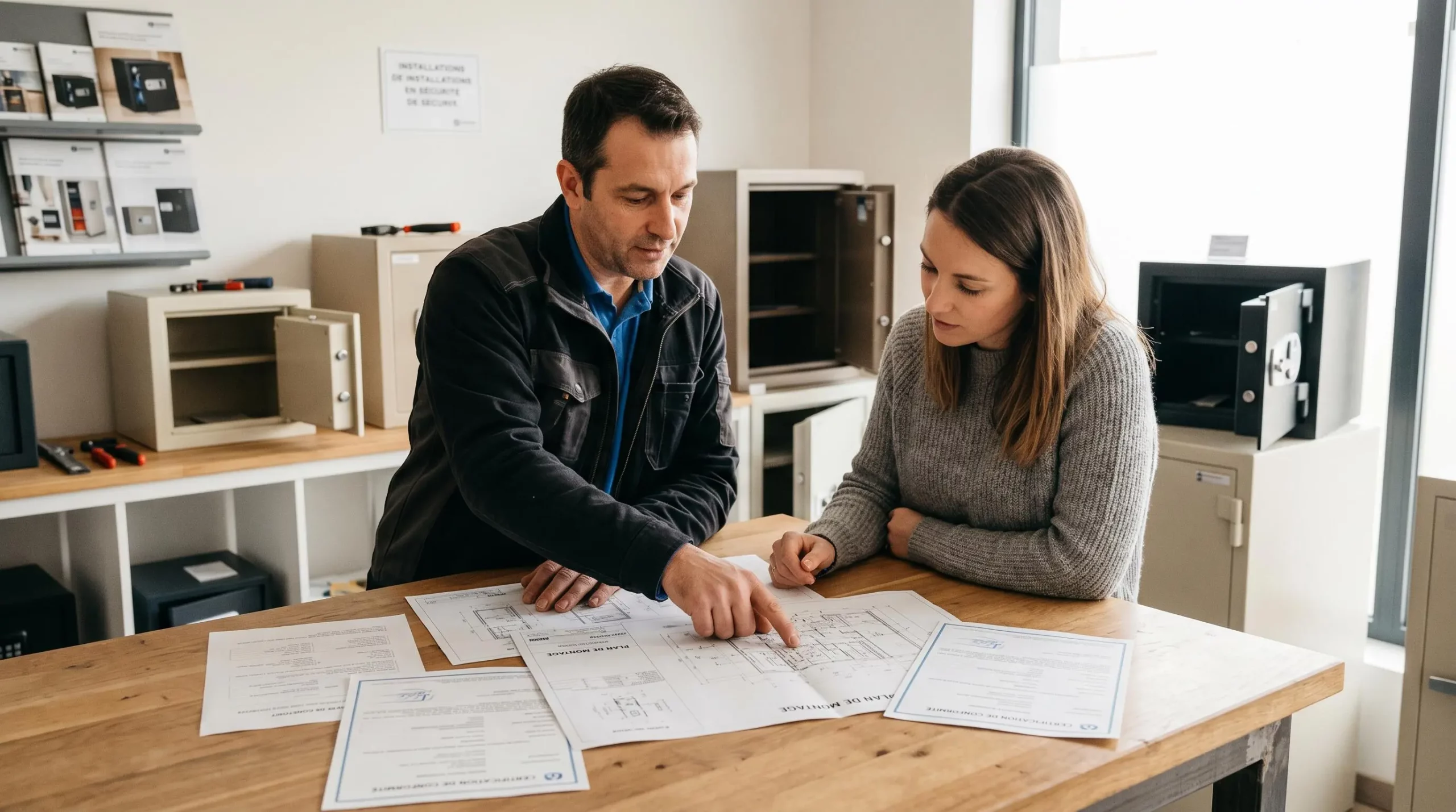 Installateur professionnel et client en consultation autour d'une table avec plans techniques et documents de certification de coffre-fort, environnement showroom réel