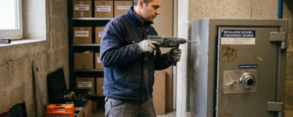 Installateur professionnel en train de fixer un coffre-fort mural certifié dans l'arrière-boutique d'un commerce, outils de scellement chimique au sol, environnement de chantier réel