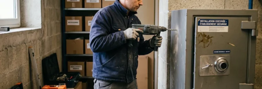 Installateur professionnel en train de fixer un coffre-fort mural certifié dans l'arrière-boutique d'un commerce, outils de scellement chimique au sol, environnement de chantier réel