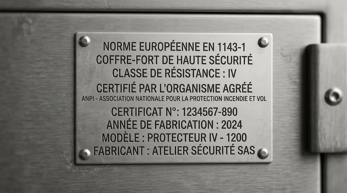 Plaque de certification EN 1143-1 en acier brossé fixée sur la porte d'un coffre-fort professionnel, gravures de classe de sécurité et logos d'organismes agréés visibles