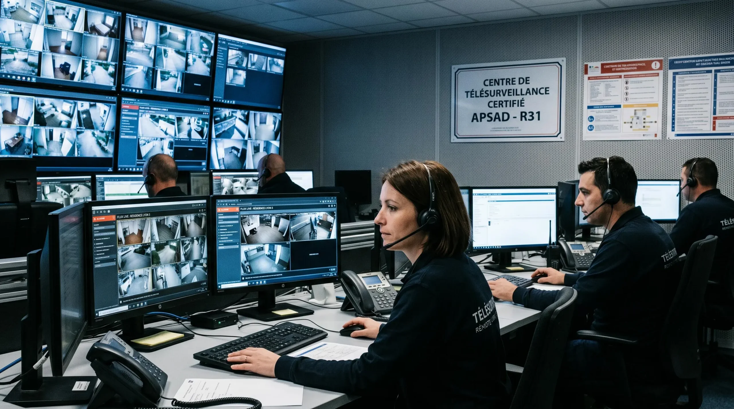 Centre de télésurveillance avec opérateurs professionnels surveillant les écrans de sécurité et certifications APSAD affichées